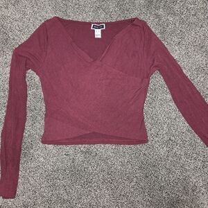 Elegant V-Neck Long Sleeve Top - Deep Red